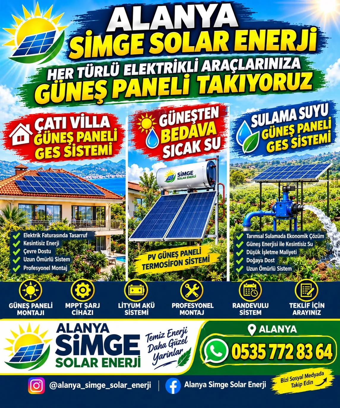 Çatı GES, güneş enerjili sıcak su ve tarımsal sulama sistemleri